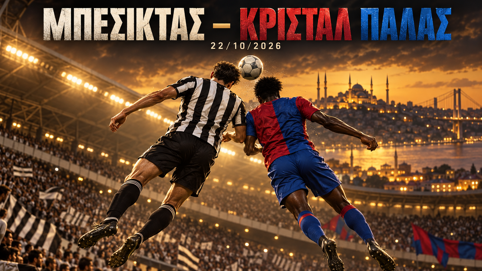 Εικονογράφηση Μπεσίκτας–Κρίσταλ Πάλας με ανώνυμους ποδοσφαιριστές σε εναέρια μονομαχία