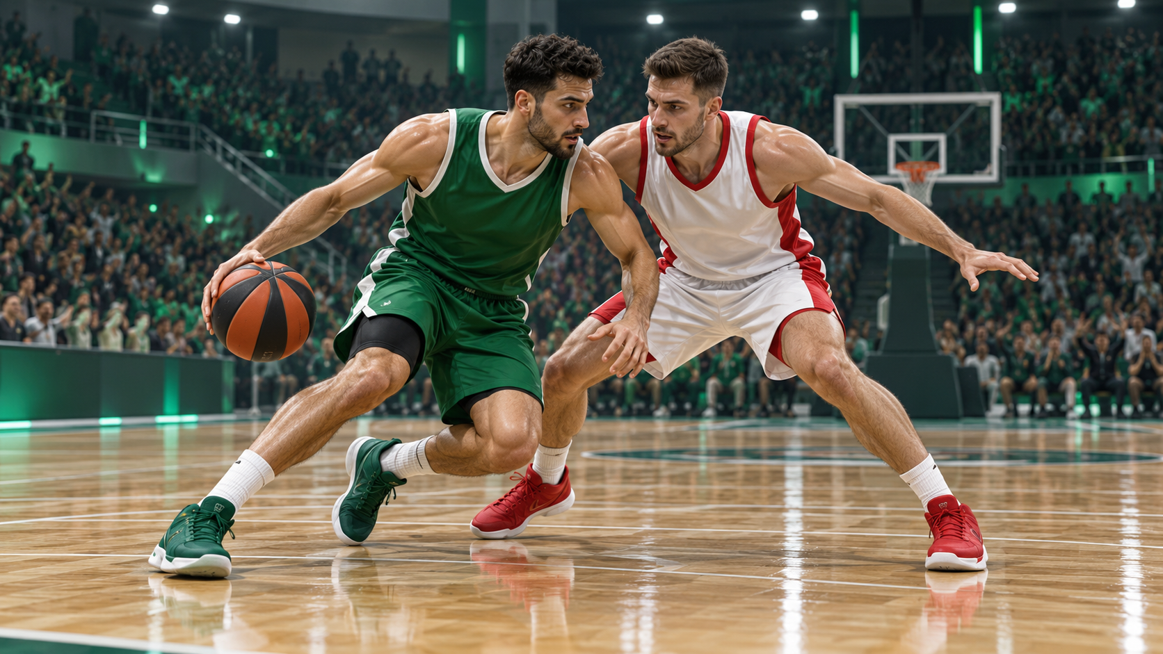 Ανώνυμος μπασκετμπολίστας με πράσινη εμφάνιση ντριμπλάρει υπό πίεση αντιπάλου με κόκκινη και λευκή στολή.
