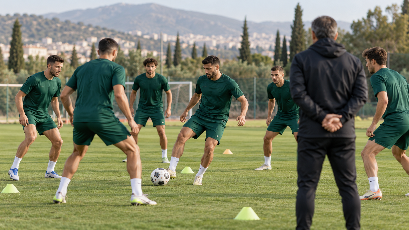 Ανώνυμοι ποδοσφαιριστές με πράσινες εμφανίσεις εξασκούνται στις πάσες σε προπονητικό γήπεδο.