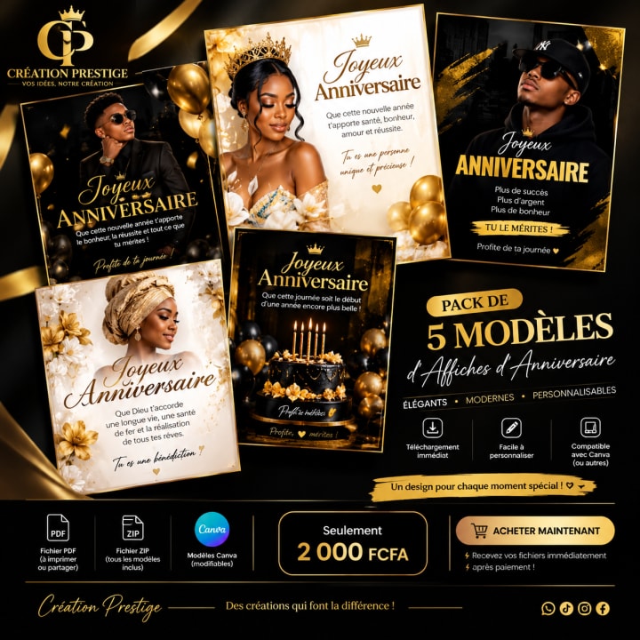 Pack de 5 modèles d'affiches d'anniversaire — Création Prestige