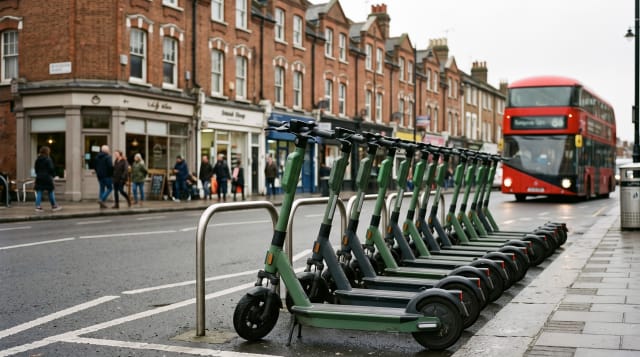 Rental e-scooters parked on a UK city street
