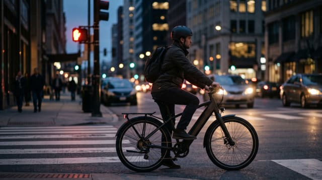 Rider on an electric bike at a city crosswalk at dusk, helmet on