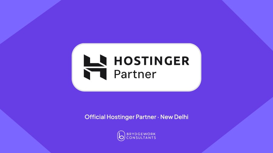 Official Hostinger Partner badge on Hostinger violet, with the Brydgework Consultants logo