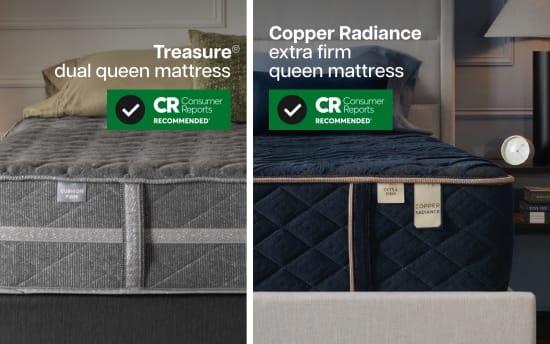 Treasure dual queen mattress in gray with cushion firm label and Consumer Reports recommended badge; Copper Radiance extra firm queen mattress in dark blue with extra firm label and Consumer Reports recommended badge.