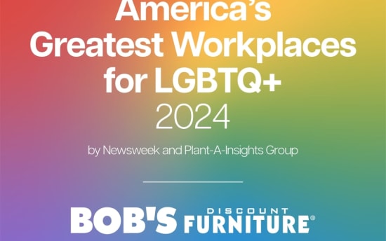 America’s Greatest Workplaces for LGBTQ+ 2024 by Newsweek and Plant-A-Insights Group with Bob’s Discount Furniture logo on a colorful gradient background.