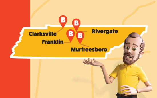Map highlighting locations of Clarksville, Franklin, Murfreesboro, and Rivergate in Tennessee with markers labeled "B," alongside a 3D animated character in a yellow shirt.