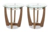 Two round glass top end tables with wooden bases