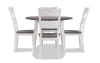 White and gray 5 piece dining set with round dining table and 4 ladder back dining chairs.