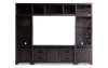Brown entertainment wall with storage TV console and shelving piers.