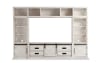 White entertainment wall with tv stand, 2 bookcase piers, and storage shelving above