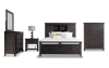 Dark brown coordinating bedroom set with bookcase bed, dresser, mirror, chest, and nightstand.