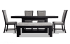 6 piece black and gray upholstered dining set with storage bench.