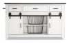 White 3 drawer kitchen island with 2 cabinets and shelves with basket storage.