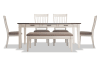 White 3 drawer dining table, 2 slat back beige upholstered dining chairs, and a beige upholstered dining bench.