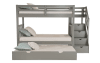 Gray staircase storage bunk bed with Bob-O-Pedic memory foam mattresses and pull out trundle bed.