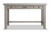 Gray 3 drawer writing desk with power outlets.