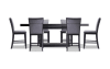 Black rectangular counter height dining table with 6 gray solid back upholstered counter height dining chairs.