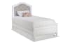 White and gray tufted illuminated panel bed with pull out trundle bed.