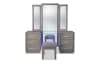 Gray 6 drawer make-up vanity with bi-fold mirror and gray upholstered vanity stool.