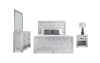 White bedroom set with panel bed, dresser, mirror, and nightstand