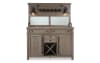 Brown 3 drawer hutch with wine storage and 2 cabinets.
