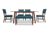 6 piece walnut and teal upholstered dining set with bench.