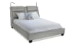 Gray upholstered platform bed.