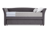 Gray upholstered daybed with Bob-O-Pedic® memory foam mattress and pull out trundle.