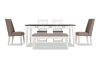 Beige and white 6 piece upholstered dining room set that can accommodate 6 people.