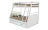 White bunk bed with twin size top bunk, full size bottom bunk, and pull out twin size trundle bed.