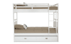 White bunk bed with twin size top bunk, twin size bottom bunk, and pull out twin size trundle bed.