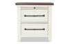 Brown and white 2 drawer nightstand with USB charging port.