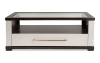 White coffee table with storage drawer and glass top.