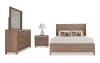 Light brown 4 piece bedroom set with bed, dresser, mirror, and nightstand.