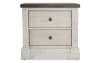 Brown and white 2 drawer nightstand.