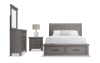 Gray 4 piece bedroom set with bed, dresser, mirror, and nightstand.