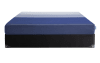 Blue and white striped mattress on top of a standard foundation