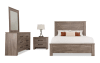 Brown 4 piece bedroom set with bed, dresser, mirror, and nightstand.