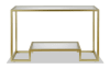 Glass and gold metal rectangular console table with lower shelf.