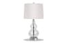 Glass teardrop base table lamp with linen shade.
