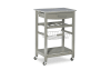 Gray kitchen cart on wheels and 2 shelves.