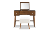 Brown 2 drawer make-up vanity and mirror with upholstered stool perfect for small bedrooms.