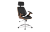 Black upholstered adjustable height swivel office chair with wheels.