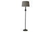 Black floor lamp with gray fabric shade.