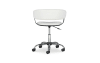 White upholstered adjustable height office chair with wheels.