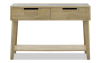 2 drawer natural wood storage sofa table with a shelf.