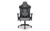 Gray upholstered height adjustable gaming office chair with wheels.