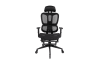 Black adjustable height office chair with wheels and lumbar support.