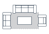 Illustration of accent chair, loveseat, and sofa with a coffle table in the middle on a medium size area rug