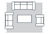 Illustration of accent chair, loveseat, and sofa with a coffle table in the middle on a large size area rug